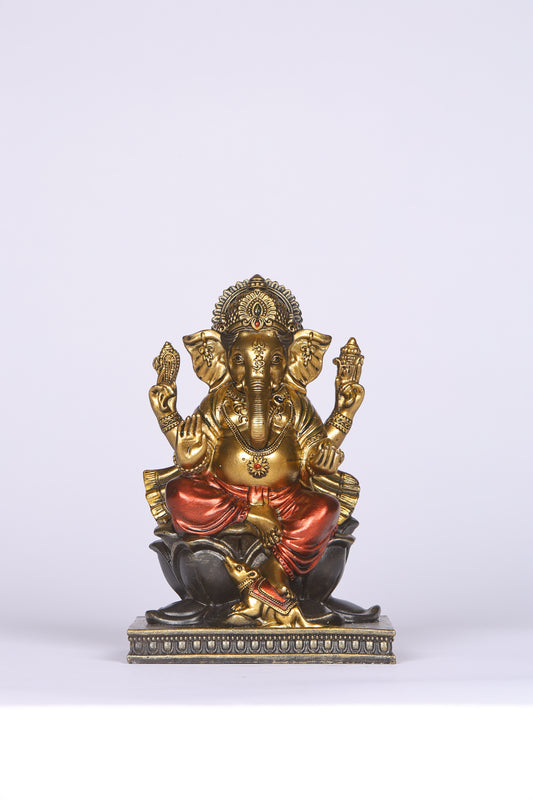 5" Ganesha sitting Antique Finish golden red statue on golden pdestal | Ideal for temple or showpiece