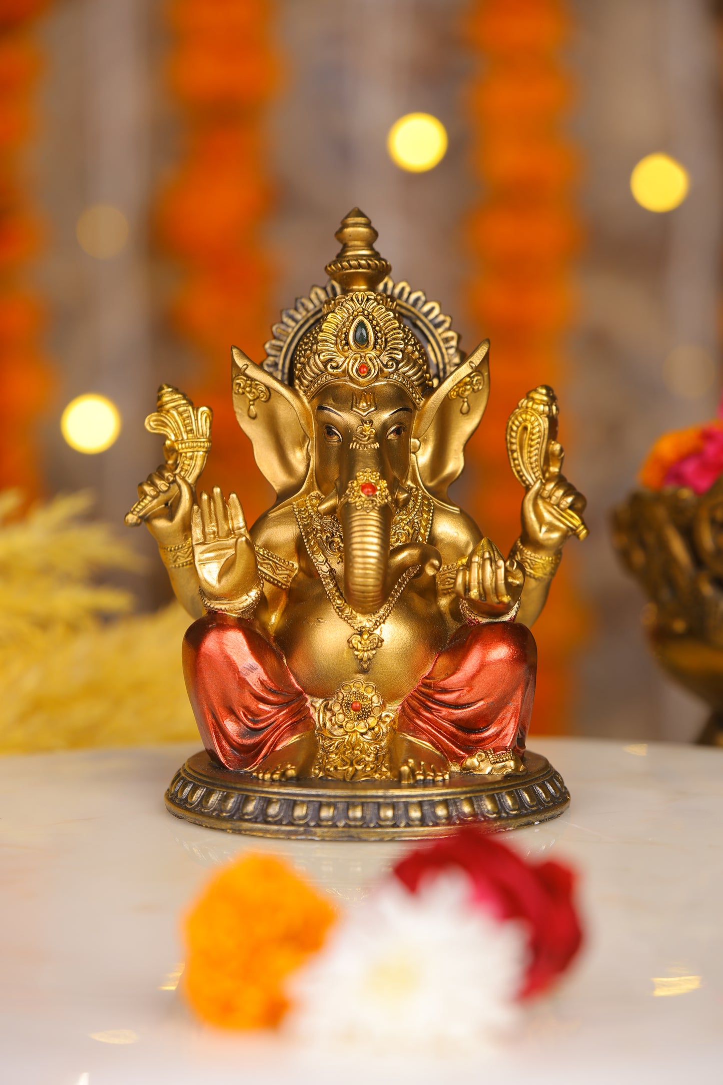 6" Ganesha sitting Antique Finish golden red statue on golden pdestal | Ideal for temple or showpiece