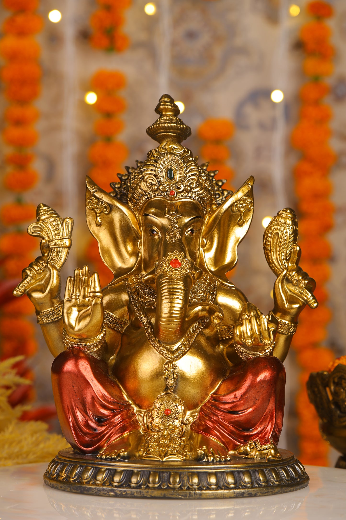 11" Ganesha sitting Antique Finish golden red statue on golden pdestal | Ideal for temple or showpiece