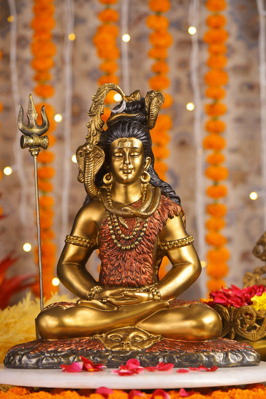 16" Shiva Samadhi Meditation statue with Trishul in golden red Antique Finish| Ideal for temple or showpiece