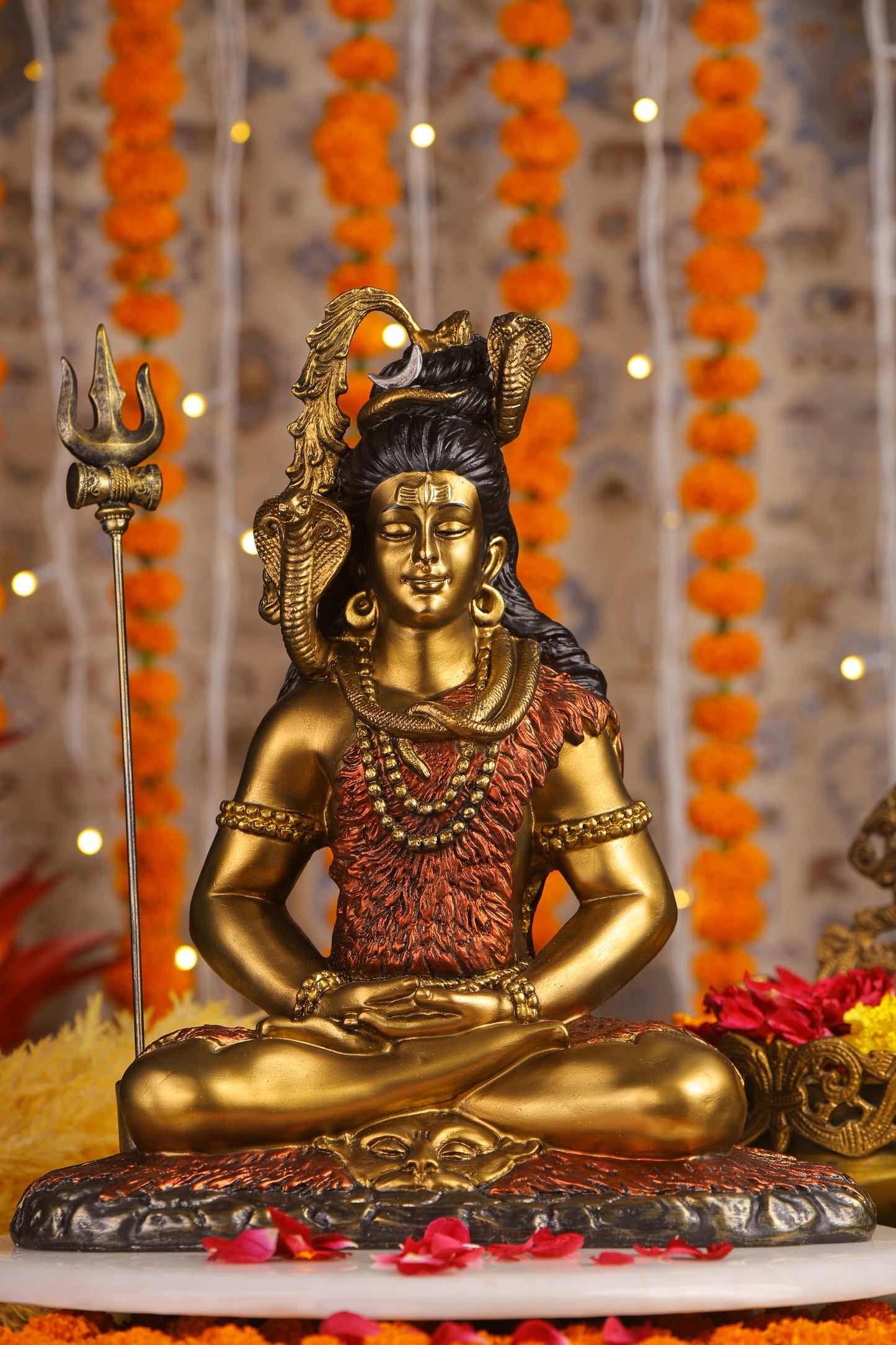 16" Shiva Samadhi Meditation statue with Trishul in golden red Antique Finish| Ideal for temple or showpiece