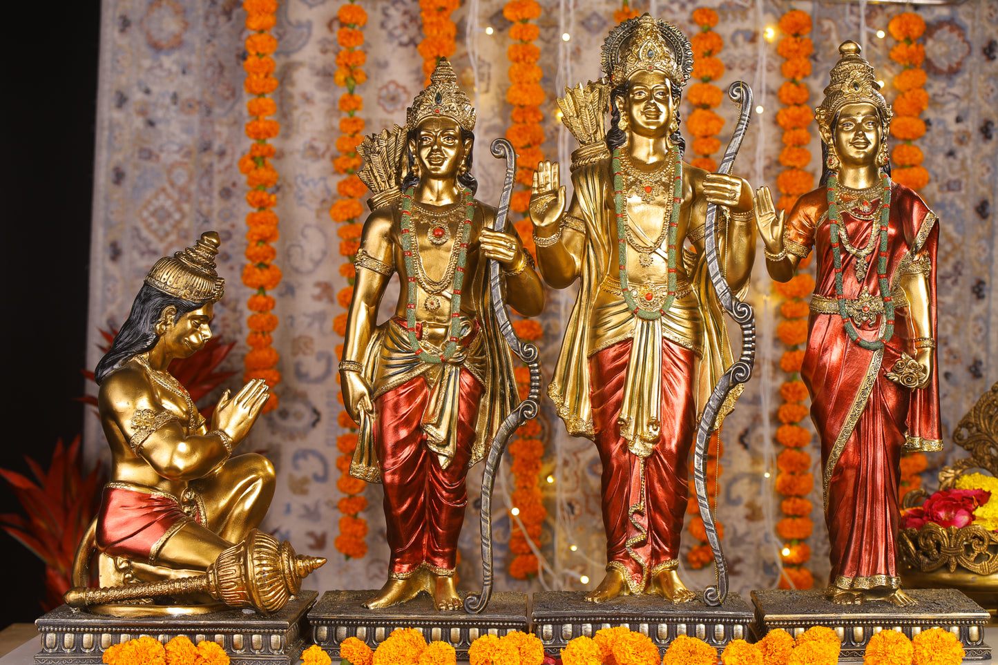 23" Ram Darbaar Antique Finish golden red statue - Shree Ram Ma Sita Laxman And Hanuman Darbar Idol for home temple