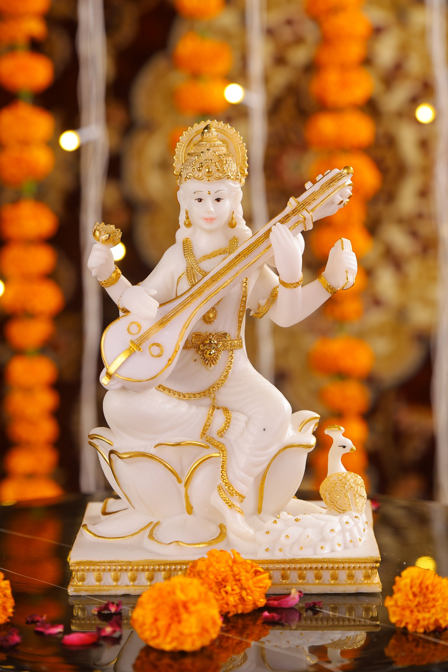 8" Saraswati Sitting Gold toned Marble statue on lotus with Veena | Ideal for temple or showpiece