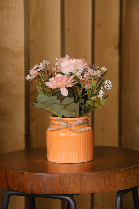 Artificial Pearl Dahlia Flower bunch, Ceramic vase Orange