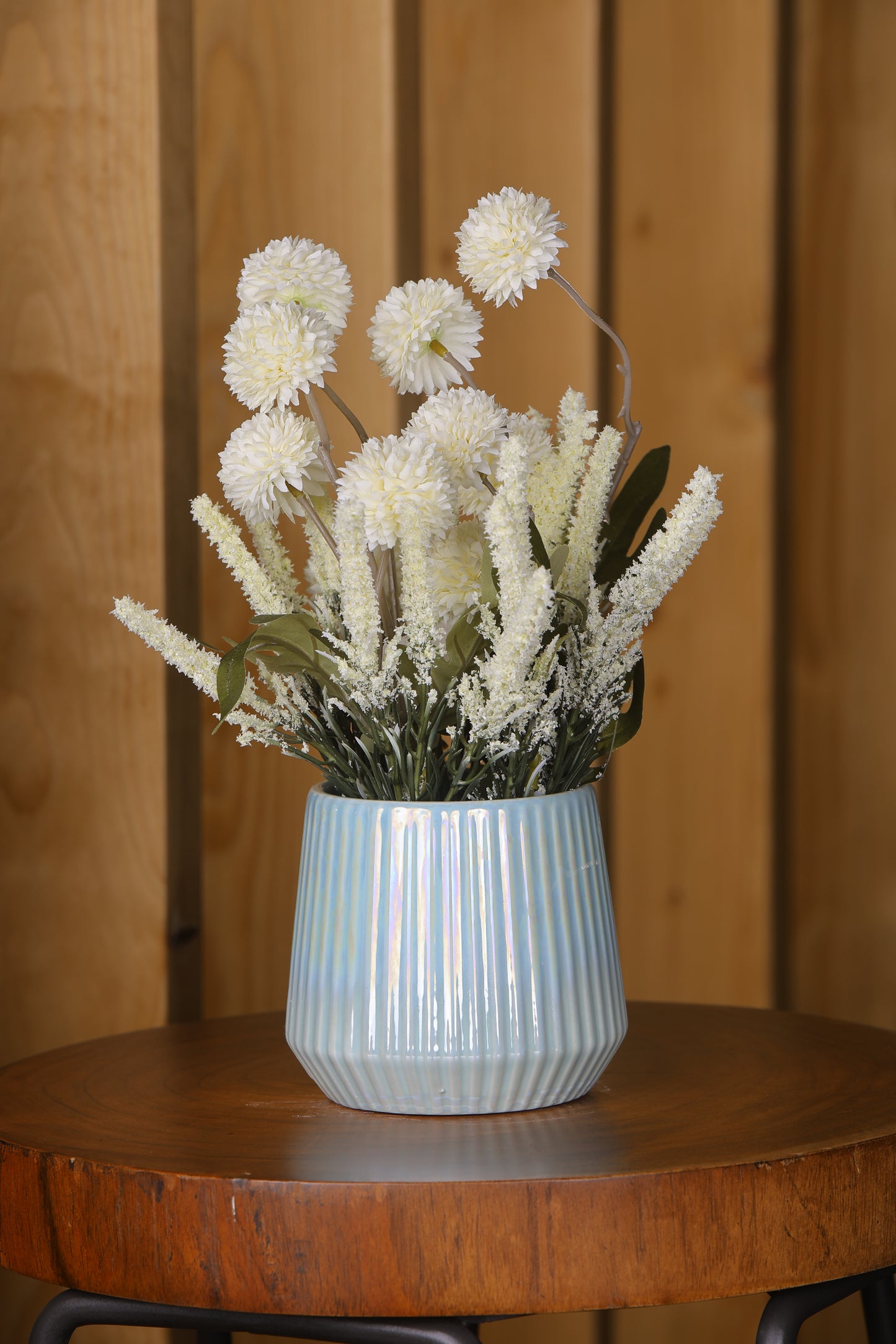 Artificial Chrysanthemum and Marigold Bunch- Blue Ceramic vase