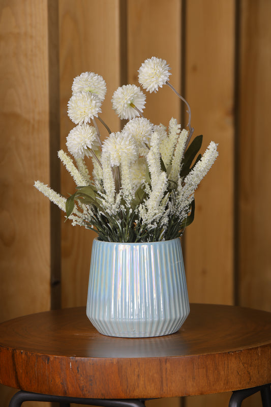 Artificial Chrysanthemum and Marigold Bunch- Blue Ceramic vase