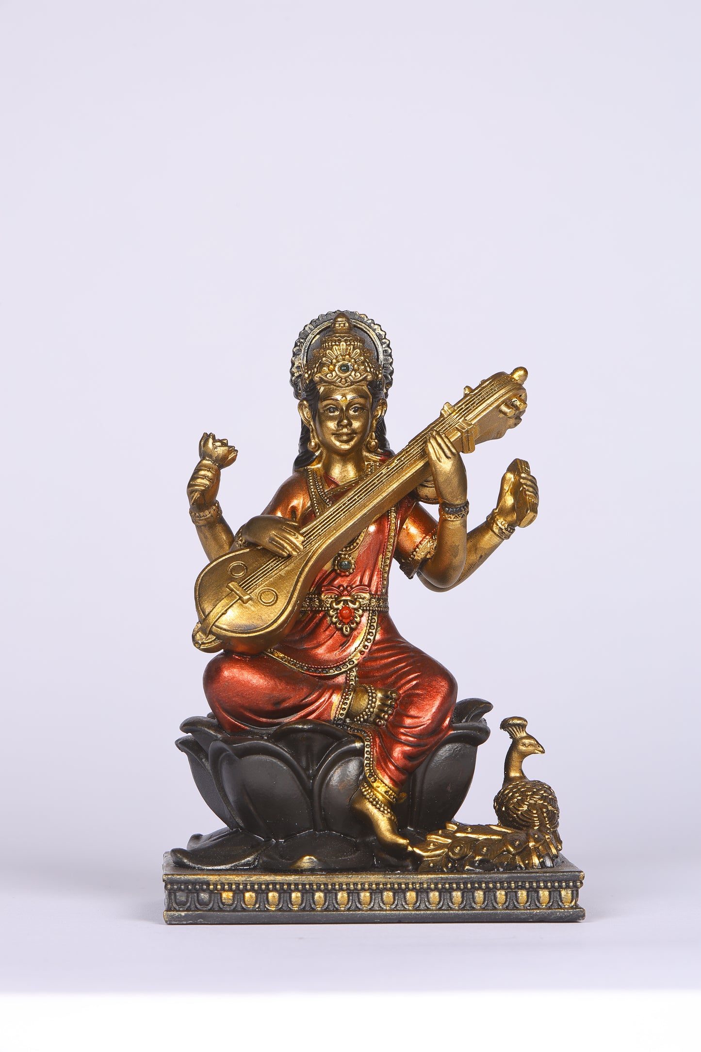 5" Saraswati Sitting Antique Finish golden red statue on lotus with Veena | Ideal for temple or showpiece