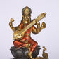 10" Saraswati Sitting Antique Finish golden red statue on lotus with Veena | Ideal for temple or showpiece