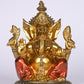 11" Ganesha sitting  Antique Finish golden red statue on golden pdestal | Ideal for temple or showpiece