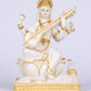 10" Saraswati Sitting Gold toned Marble statue on lotus with Veena | Ideal for temple or showpiece