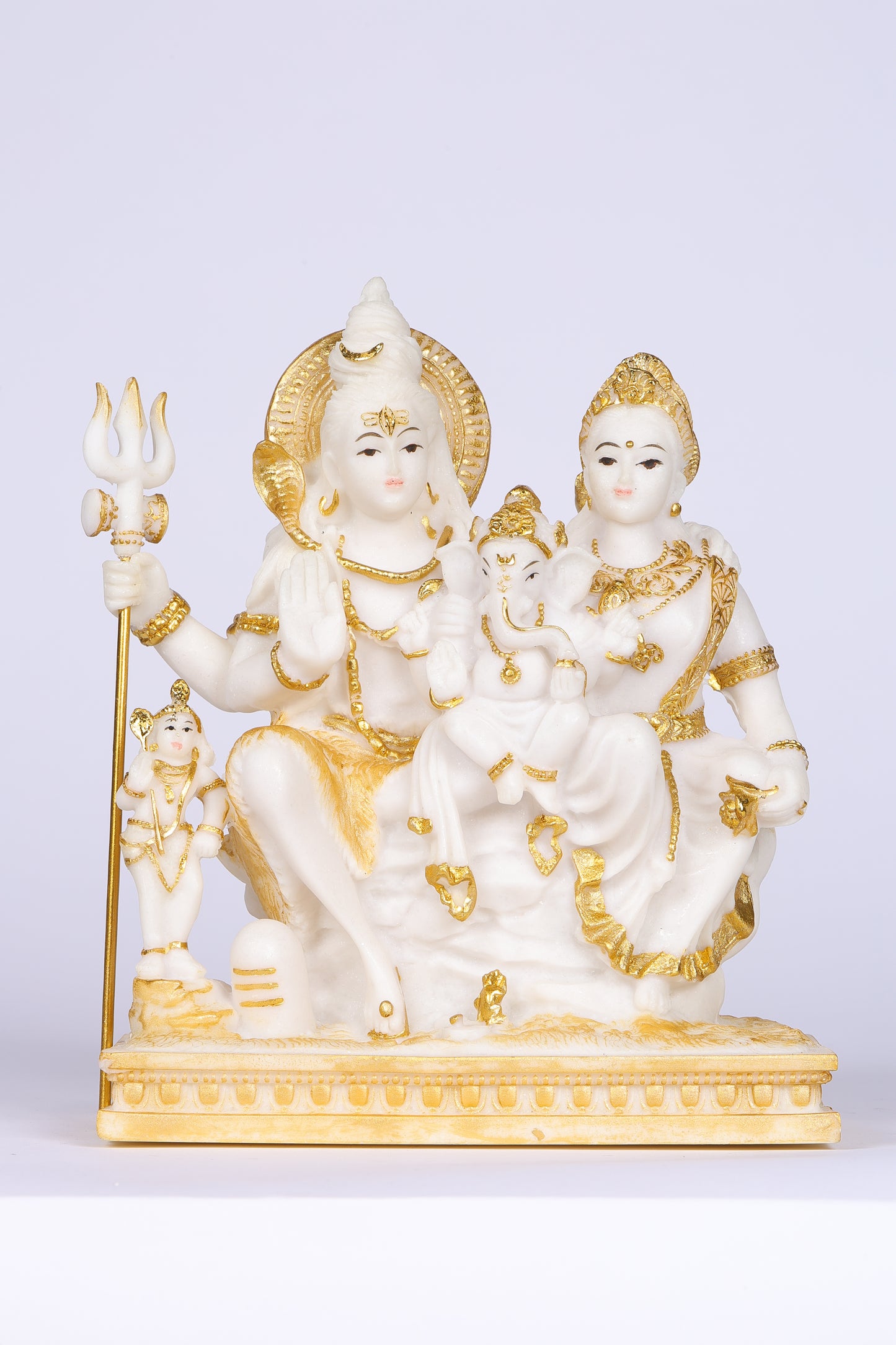 9" Shiva Parivaar sitting on Gold toned Marble statue - Shiva Prvati Gamesha and Kartikeya| Ideal for temple or showpiece