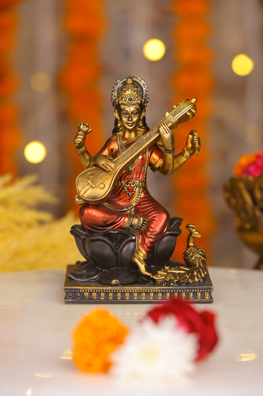 5" Saraswati Sitting Antique Finish golden red statue on lotus with Veena | Ideal for temple or showpiece