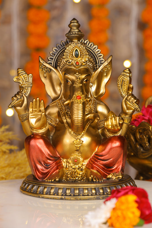 8" Ganesha sitting  Antique Finish golden red statue on golden pdestal | Ideal for temple or showpiece