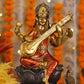 10" Saraswati Sitting Antique Finish golden red statue on lotus with Veena | Ideal for temple or showpiece