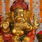 18" Ganesha sitting Antique Finish statue with red-golden turban and modak | Ideal for temple or showpiece