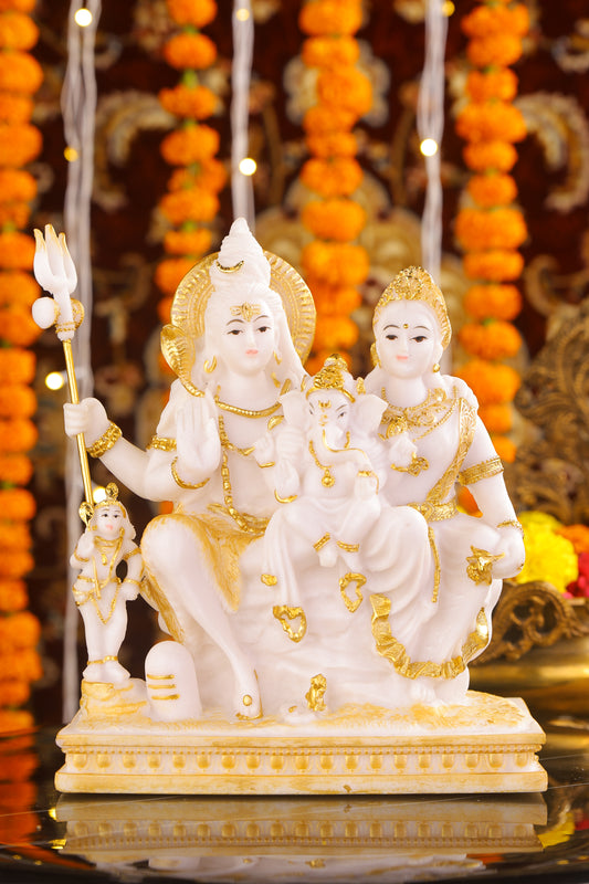 9" Shiva Parivaar sitting on Gold toned Marble statue - Shiva Prvati Gamesha and Kartikeya| Ideal for temple or showpiece