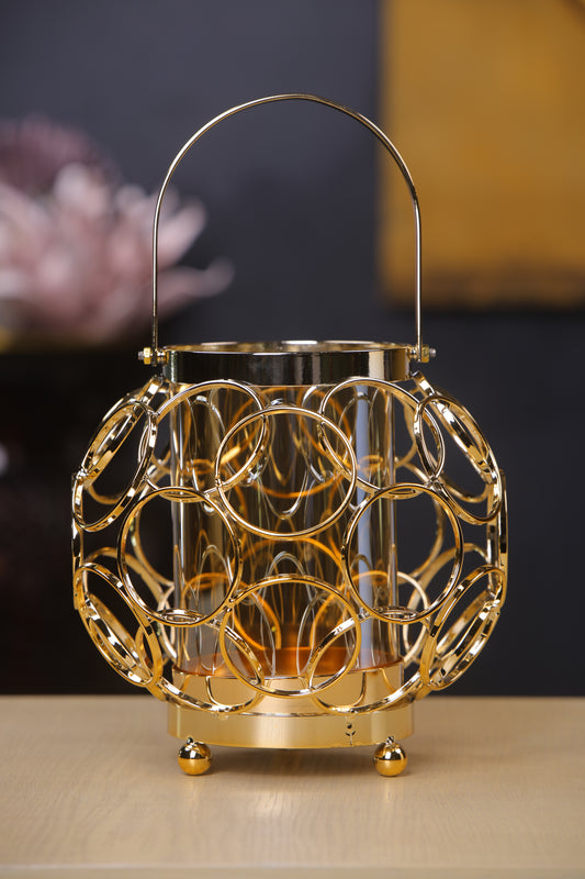 Round Gold Mirror Candle Stand with Sphere Design