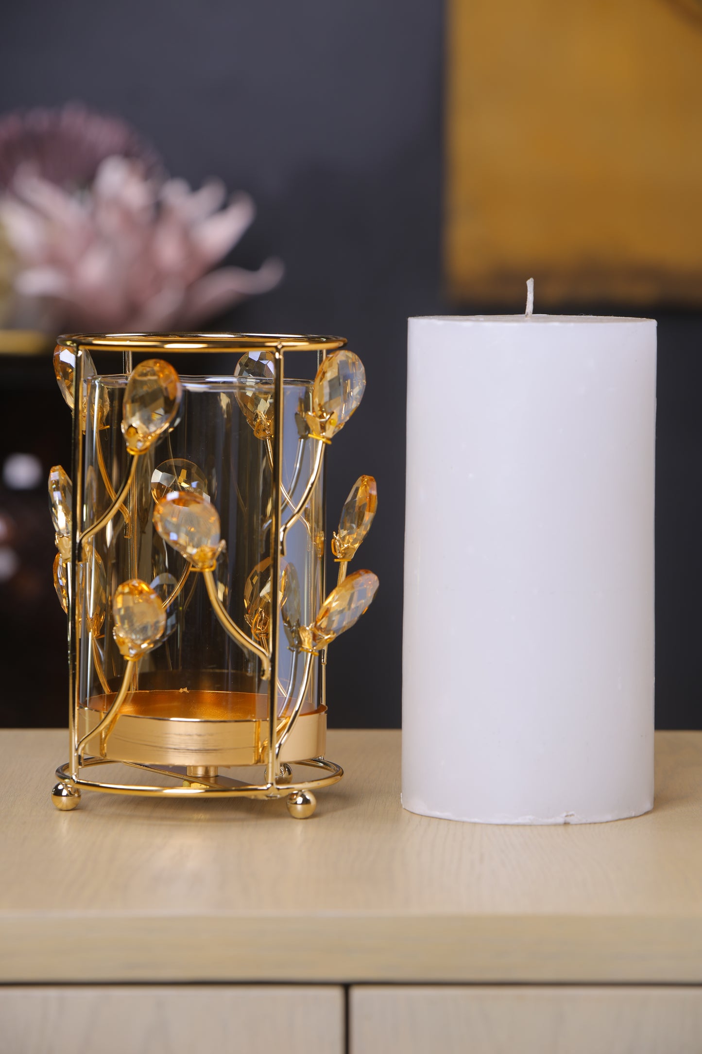 Luxury Gold Mirror Candle Stand with Crystal Embellishments