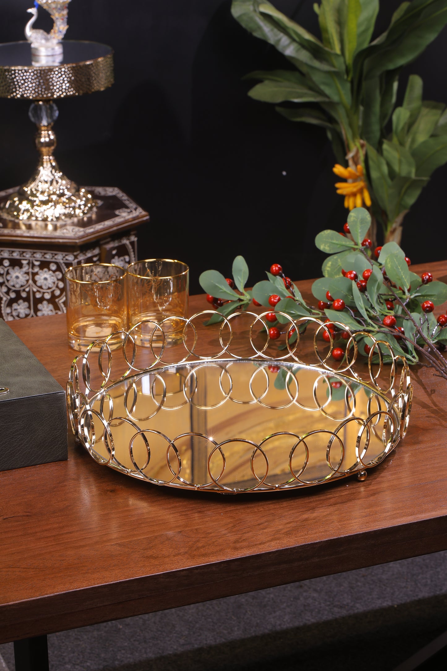 Elegant Spiral Design Gold Mirror Tray