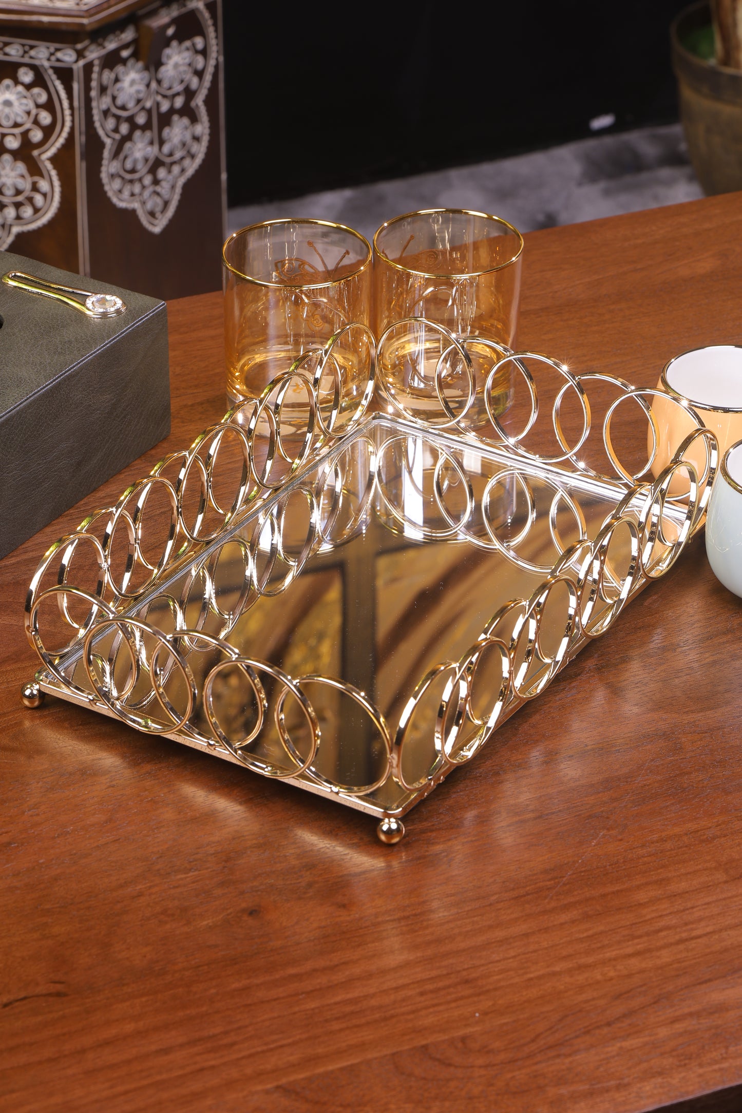 Modern Spiral Gold Mirror Tray