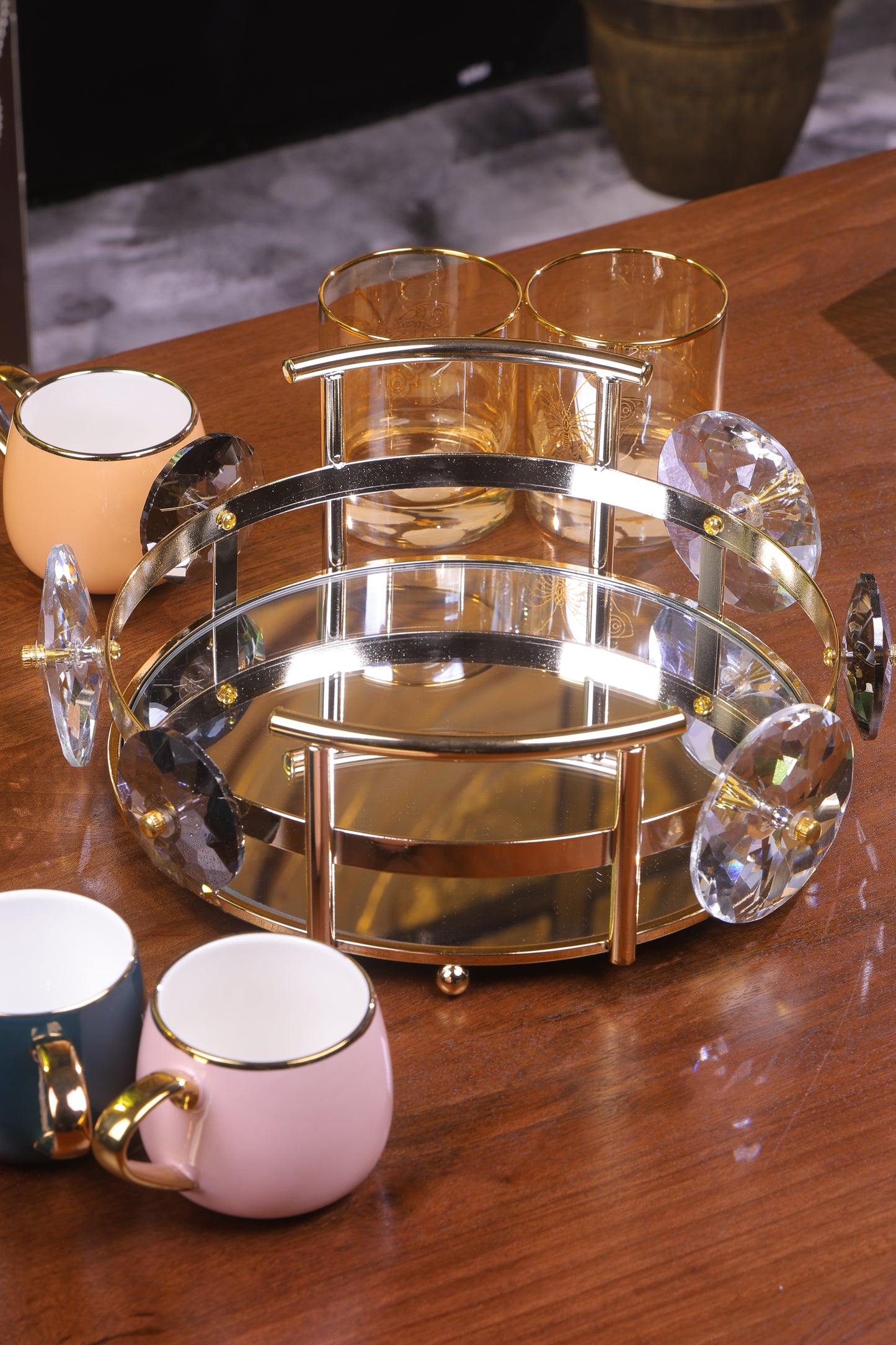 Golden Mirror Tray with Ornate Design