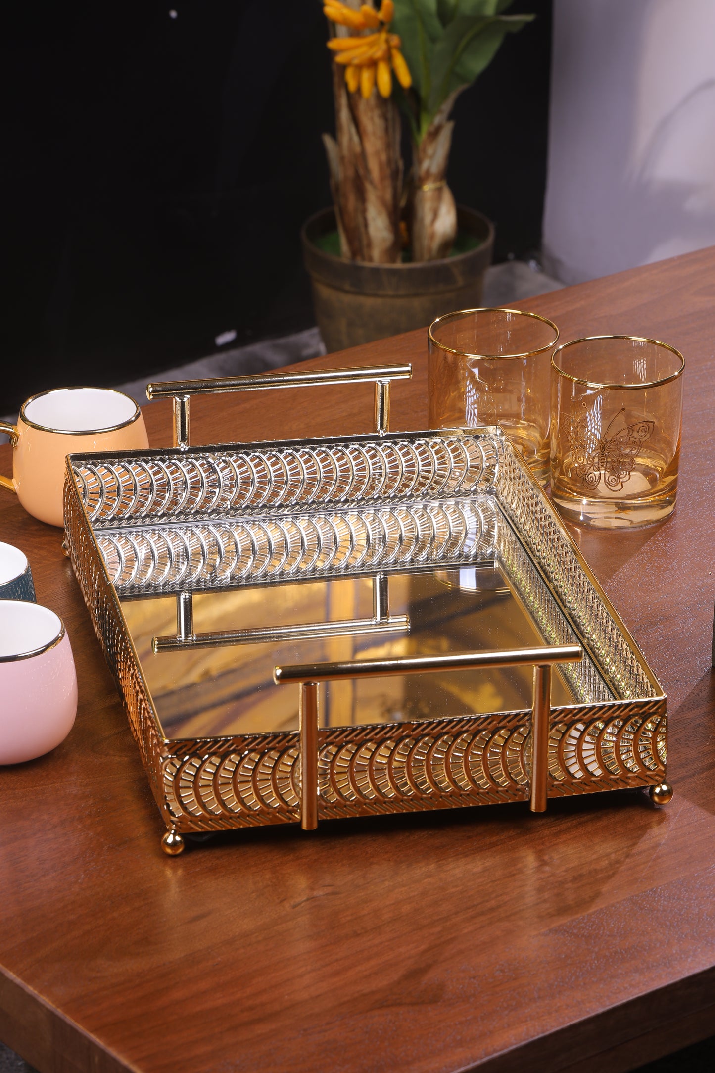 Gold Mirror Tray with Filigree Design
