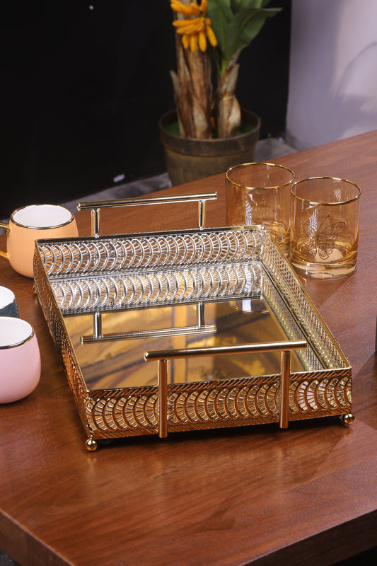 Gold Mirror Tray with Filigree Design